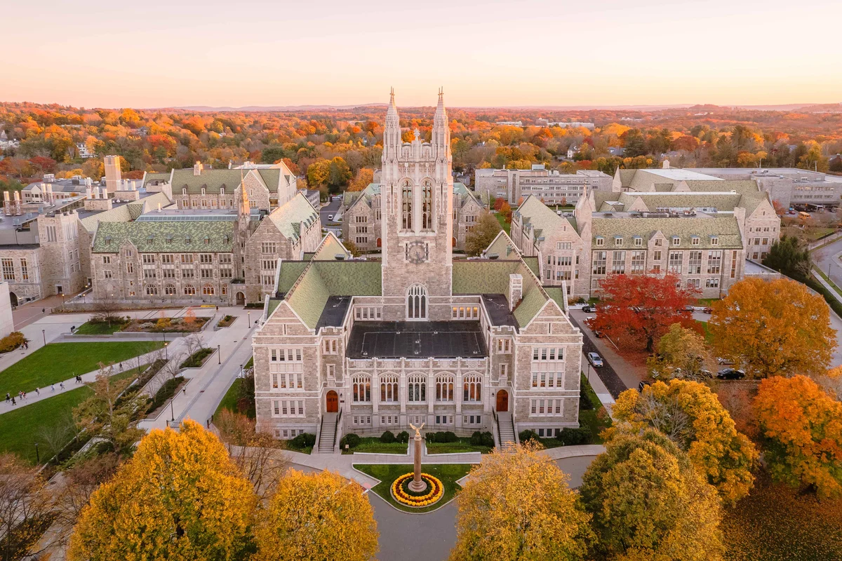 Aerial view of Gasson Hall at Boston College in autumn